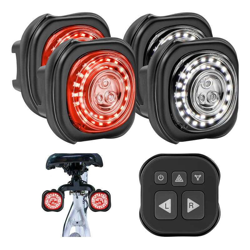 WhiteRhino Bike Lights System-Turn SignalTaillight&HeadlightSync Front&Rear Bike Light for Night Riding3+2+1 Light Modes Rechargeable Bicycle Light with Remote ControllerIP67W/P Day/Night Mode4pc